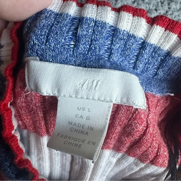 🦋 H&M Striped Red, White & Blue Crew Neck Fitted 3/4 Sleeve Cropped Sweater - Picture 10 of 10